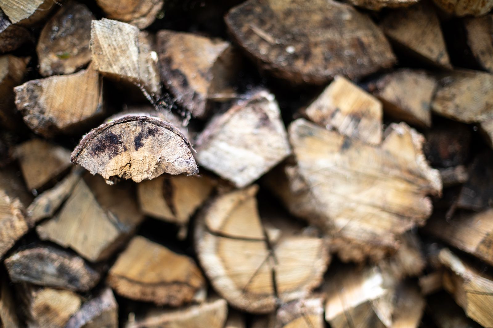 Textured detail of stacked chopped timber logs for the wood burner