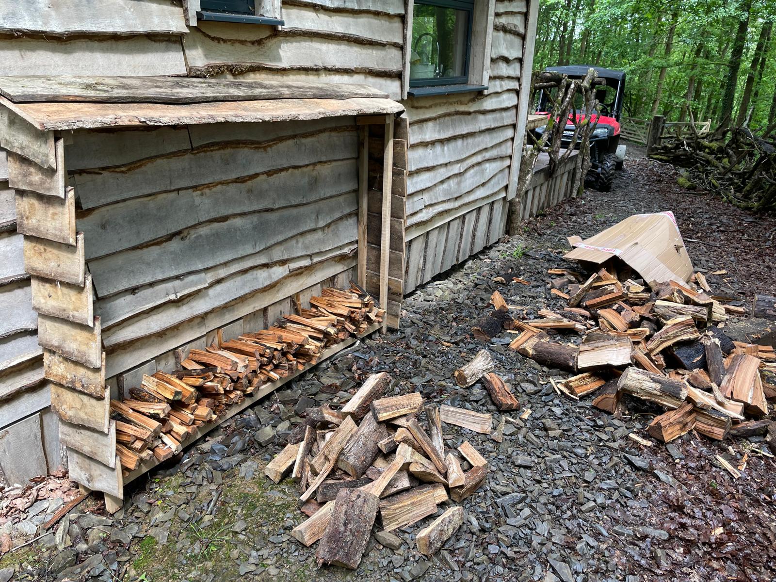 Freshly split kindling and firewood rounds prepared on slate gravel pathway